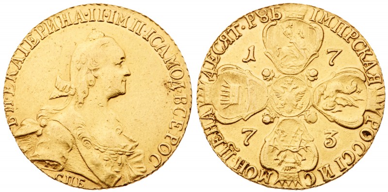 Catherine II, the Great, 1762 - 1796
10 Roubles 1773 CПБ. GOLD. 13.07 gm. Bit 2...