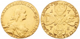 Catherine II, the Great, 1762 - 1796
10 Roubles 1773 CПБ. GOLD. 13.07 gm. Bit 28 (R), Sev 303 (S) Extremely fine