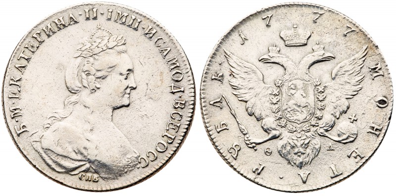 Catherine II, the Great, 1762 - 1796
Rouble 1777 CПБ-ΘΛ. 24.26 gm. Bit 224, Sev...
