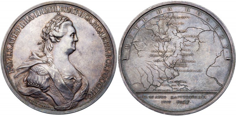 Medals of Catherine II
Medal. Silver. 65.3 mm. By T. Ivanov. On the Journey of ...