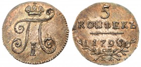 Paul, 1796 - 1801
5 Kopecks 1798 CM-MБ. Bit 88, Sev 2407. Tiny edge cut on reverse. Pearly lavender gray Uncirculated