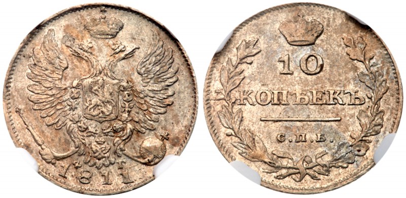 Alexander I, 1801- 1825
10 Kopecks 1811 CПБ-ΦГ. Bit 218, Sev 2619. Authenticate...