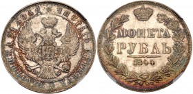 Nicholas I, 1825-1855
Rouble 1844 MW. Warsaw. Bottom of eagle’s tail curved. Bit 423. Authenticated and graded by NGC MS 62. Toned Brilliant uncircul...