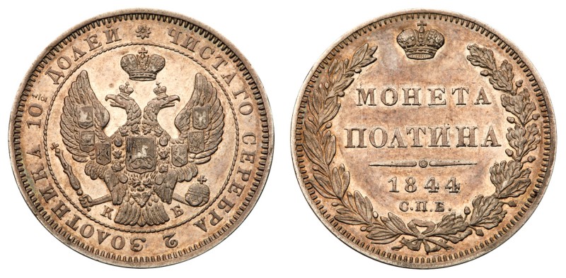 Nicholas I, 1825-1855
Poltina 1844 CПБ-KБ. Bit 252, Sev 3450. Minor weakness of...