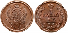 Nicholas I, 1825-1855
2 Kopecks 1830 KM-AM. Bit 635, B 141 (S). Authenticated and graded by NGC MS 65 BN. Lustrous coffee-brown Gem brilliant uncircu...