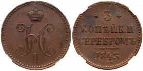 Nicholas I, 1825-1855
3 Kopecks 1843 CΠM. Izhora mint. Bit 813, B 216, Uzd 3425. Authenticated and graded by NGC AU 58 BN. Silvery birch brown, crisp...