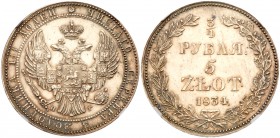 Russo-Polish Coinage
¾ Rouble / 5 Zlotych 1834 HГ. Bit 1098 (R), Sev 3048. Authenticated and graded by NGC MS 61. Light russet highlights Uncirculate...
