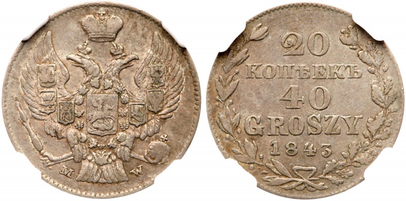 Russo-Polish Coinage
20 Kopecks-40 Groszy 1843 MW. Warsaw. Bit 1257 (R). Authen...