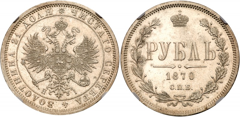Alexander II, 1855-1881
Rouble 1870 CПБ-HI. Bit 83, Sev 3804 (S). Mintage 386,0...