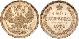Alexander II, 1855-1881
20 Kopecks 1870 CПБ-HI. Bit 218, Sev 3800. Authenticated and graded by NGC MS 65. Very choice brilliant uncirculated