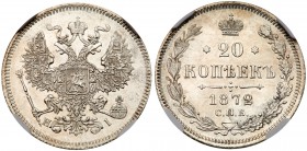 Alexander II, 1855-1881
20 Kopecks 1872 CПБ-HI. Bit 222, Sev 3822. Authenticated and graded by NGC MS 64. Frosty devices in satiny white fields Choic...