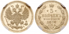 Alexander II, 1855-1881
5 Kopecks 1876 CПБ-HI. Bit 277, Sev 3850. Authenticated and graded by NGC MS 65. Meticulous devices in boldly lustrous fields...