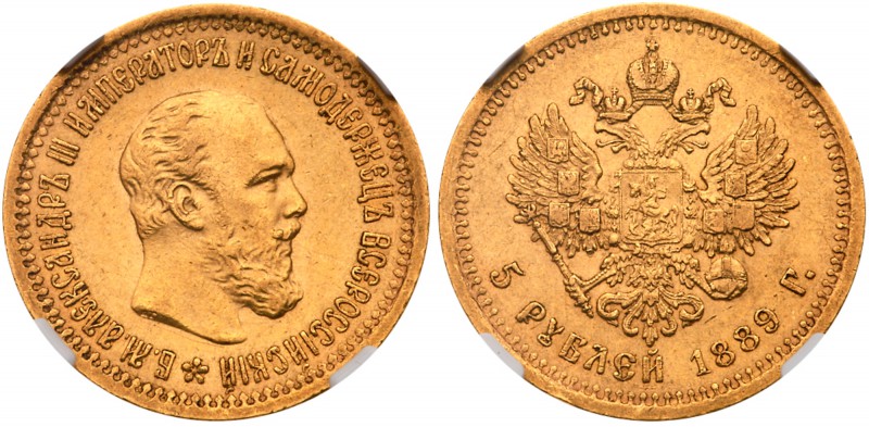 Alexander III, 1881 – 1894
5 Roubles 1889 AГ-AГ. GOLD. Fr 168, Bit 34, Sev 536 ...