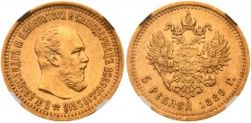 Alexander III, 1881 – 1894
5 Roubles 1889 AГ-AГ. GOLD. Fr 168, Bit 34, Sev 536 (S). Rare variety with AГ on neck. Authenticated and graded by NGC MS ...