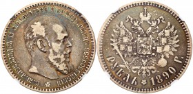 Alexander III, 1881 – 1894
Rouble 1890 AГ. Bit 73 (R), Sev 3998 (S). Rare date with mintage of only 90,300 pcs. Authenticated and graded by NGC VF 30...