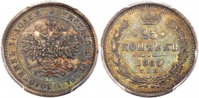 Alexander III, 1881 – 1894
25 Kopecks 1883 CПБ-ДC. Bit 56 (R1), Ilyin (4 Rubl.), Petrov (8 Rubl.). Authenticated and graded by PCGS AU 55. Rare. Tone...
