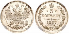 Alexander III, 1881 – 1894
5 Kopecks 1887 CПБ-AΓ. Bit 147, Sev 3970. Authenticated and graded by NGC MS 65 A lovely example. Gem brilliant uncirculat...