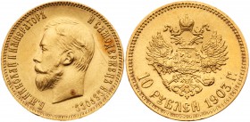 Nicholas II, 1894 – 1917
10 Roubles 1903 AP. GOLD. Bit 11, Fr.178. Lightly toned Uncirculated