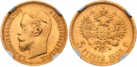 Nicholas II, 1894 – 1917
5 Roubles 1904 AP. GOLD. Bit 31, Sev 581. Authenticated and graded by NGC MS 65 Very choice brilliant uncirculated