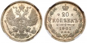 Nicholas II, 1894 – 1917
20 Kopecks 1901 ΦЗ. Bit 100, Sev 4087. Authenticated and graded by NGC MS 65 Very choice brilliant uncirculated