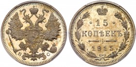 Nicholas II, 1894 – 1917
15 Kopecks 1915 СПБ-ВС. Bit 142, Uzd 2215. Authenticated and graded by PCGS PR 65. Gem brilliant PROOF