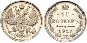 Nicholas II, 1894 – 1917
15 Kopecks 1917 BC. Bit 144, (R), Sev 4201 (RR). Authenticated and graded by NGC MS 62. Satiny white Brilliant uncirculated...