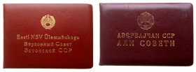 Soviet Deputy Badges
Lot of 14 Supreme Soviet Deputy Badges by various Soviet Socialist and Autonomous Republics and 3 Deputy ID Booklets. All – silv...