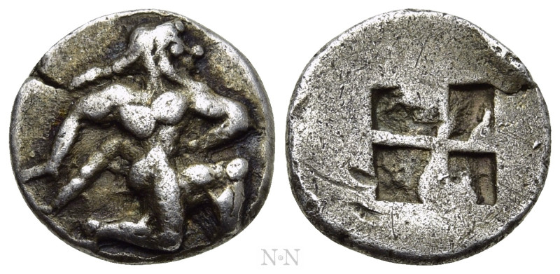 THRACE. Thasos. Diobol (Circa 500-480 BC). 

Obv: Satyr running right.
Rev: Q...