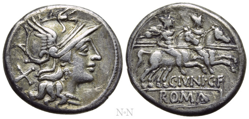 C. JUNIUS C. F. Denarius (149 BC). Rome. 

Obv: Helmeted head of Roma right; X...