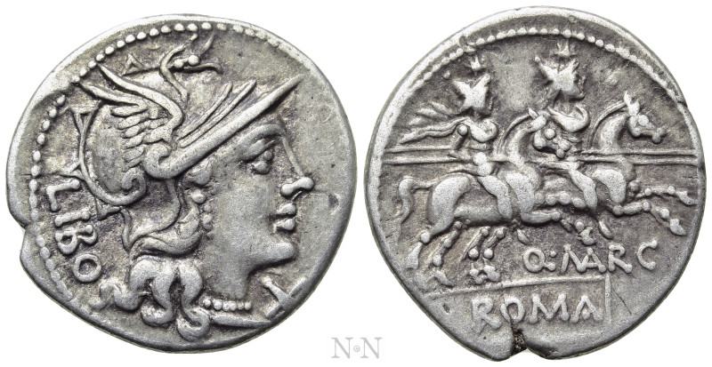 Q MARCIUS LIBO. Denarius (148 BC). Denarius. 

Obv: LIBO. 
Helmeted head of R...