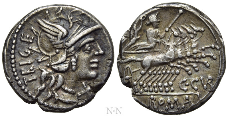 C. CURIATIUS TRIGEMINUS. Denarius (142 BC). Rome. 

Obv: TRIGE. 
Helmeted hea...