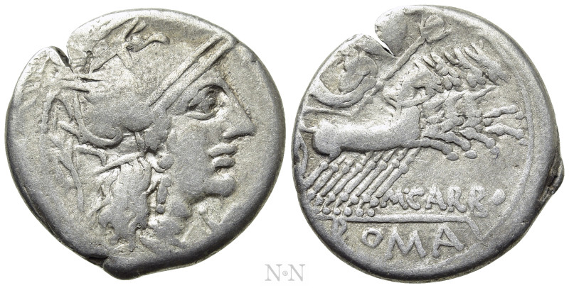 M. CARBO. Denarius (122 BC). Rome. 

Obv: Helmeted head of Roma right; behind,...