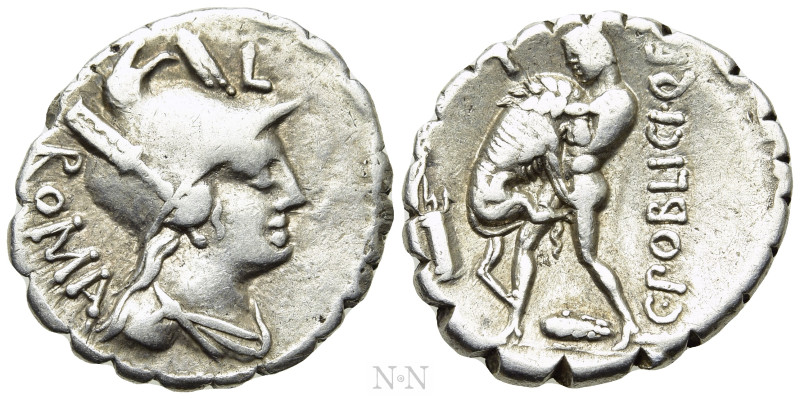 C. POBLICIUS Q.F. Serrate Denarius (80 BC). Rome. 

Obv: ROMA. 
Helmeted and ...