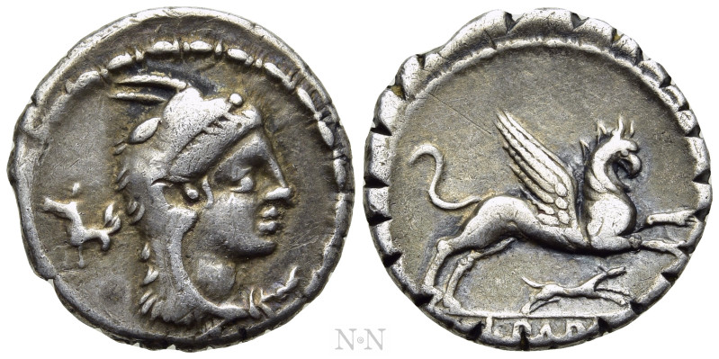 L. PAPIUS. Serrate Denarius (79 BC). Rome. 

Obv: Head of Juno Sospita right, ...