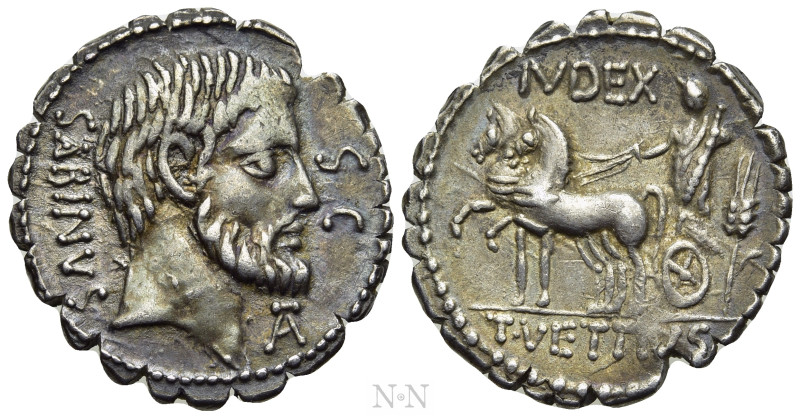 T. VETTIUS SABINUS. Serrate Denarius (70 BC). Rome. 

Obv: SABINVS / S C. 
Ba...