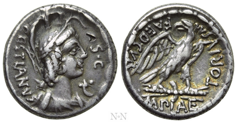 M. PLAETORIUS M.F. CESTIANUS. Denarius (57 BC). Rome. 

Obv: CESTIANVS / S C. ...