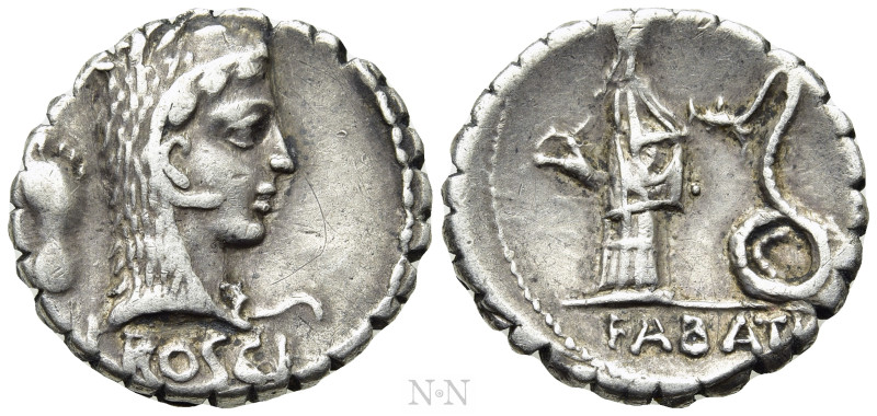 L. ROSCIUS FABATUS. Serrate Denarius (59 BC). Rome. 

Obv: L ROSCI. 
Head of ...