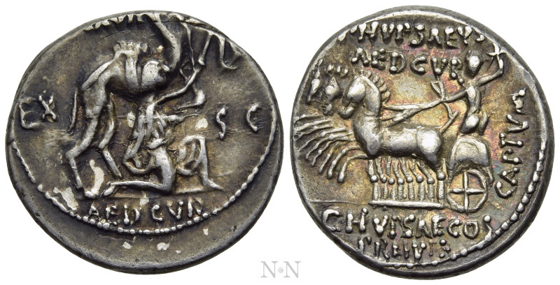 M. AEMILIUS SCAURUS and P. PLAUTIUS HYPSAEUS. Denarius (58 BC). Rome.

Obv: M ...