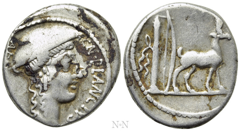 CN. PLANCIUS. Denarius (55 BC). Rome. 

Obv: CN PLANCIVS / AED CVR SC. 
Head ...