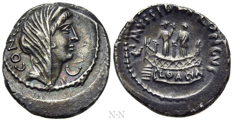 L. MUSSIDIUS LONGUS. Denarius (42 BC). Rome. 

Obv: CONCORDIA. 
Diademed and ...