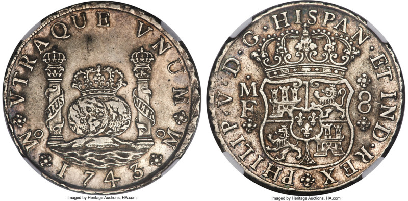 Philip V 8 Reales 1743 Mo-MF AU58 NGC, Mexico City mint, KM103, Cal-1463. Almost...