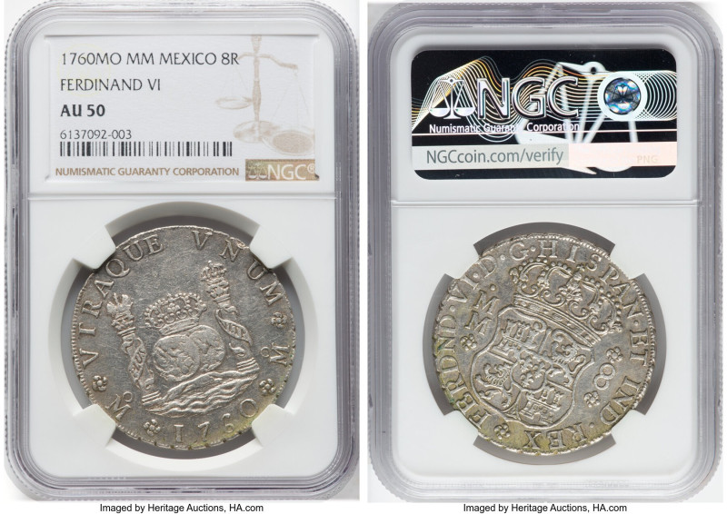 Ferdinand VI 8 Reales 1760 Mo-MM AU50 NGC, Mexico City mint, KM104.2, Cal-497. A...