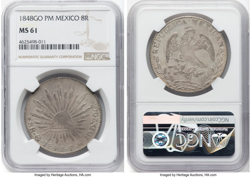 Republic 8 Reales 1848 Go-PM MS61 NGC, Guanajuato mint, KM377.8, DP-Go31. Among ...