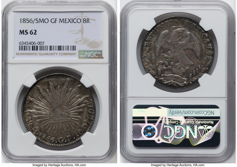 Republic 8 Reales 1856/5 Mo-GF MS62 NGC, Mexico City mint, KM377.10, DP-Mo42. An...