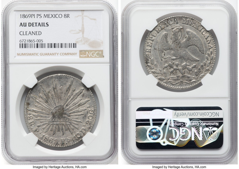 Republic 8 Reales 1869 Pi-PS AU Details (Cleaned) NGC, San Luis Potosi mint, KM3...