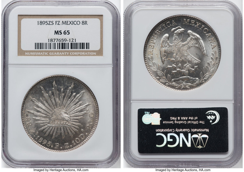 Republic 8 Reales 1895 Zs-FZ MS65 NGC, Zacatecas mint, KM377.13, DP-Zs81. A fetc...