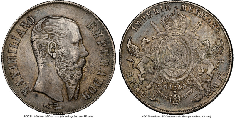 Maximilian Peso 1866-Pi XF45 NGC, San Luis Potosi mint, KM388.2. A desirable pro...