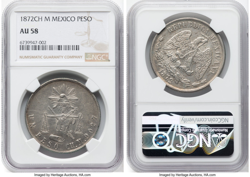 Republic Peso 1872 CH-M AU58 NGC, Chihuahua mint, KM408. A difficult and fleetin...