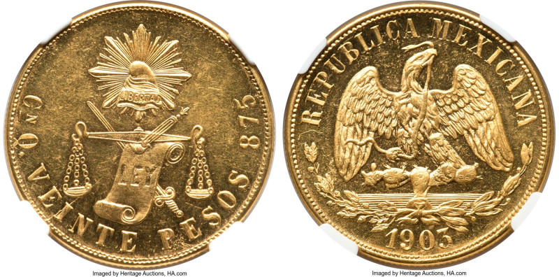 Republic gold 20 Pesos 1903 Cn-Q MS63 Prooflike NGC, Culiacan mint, KM414.2. Min...