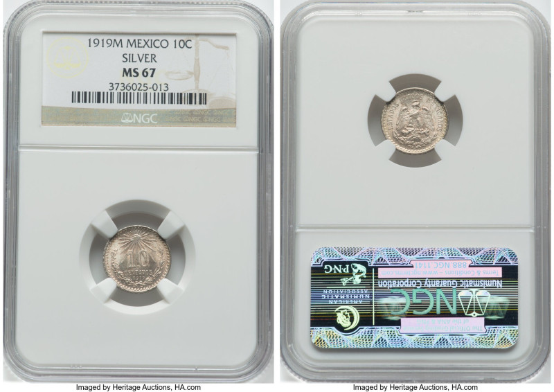 Estados Unidos 10 Centavos 1919-M MS67 NGC, Mexico City mint, KM429. Conditional...